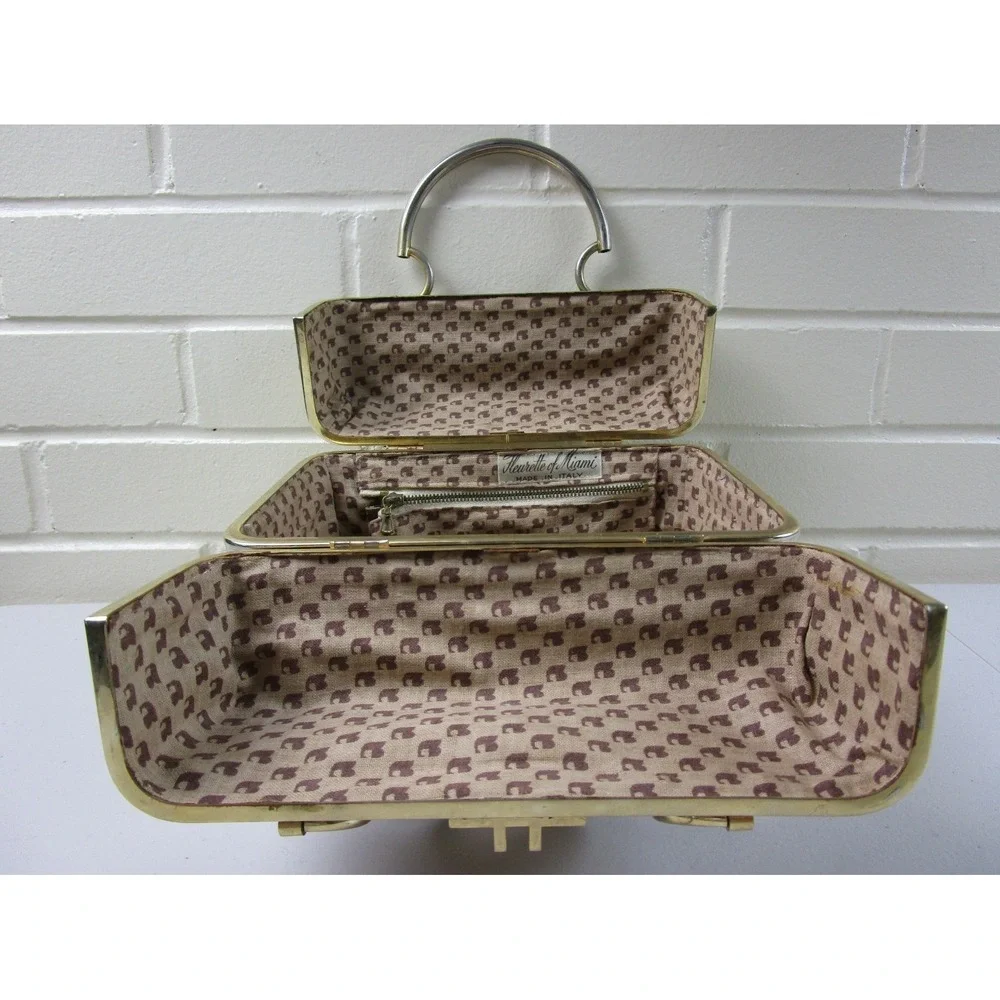 Vintage Fleurette of Miami Split Top Train Case Purse, Italy 1950s Handbag Lined